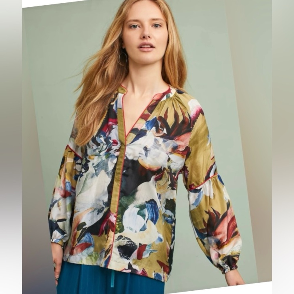 Anthropologie Vineet Bahl Silk Floral Button Down Long Sleeve Blouse Medium